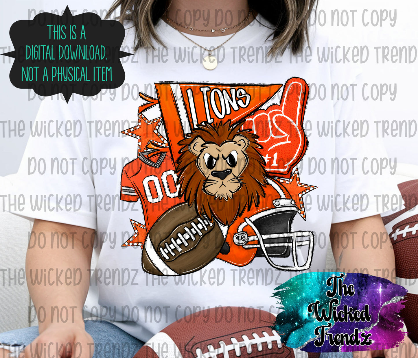 Lions Orange Football Mascot Digital Design
