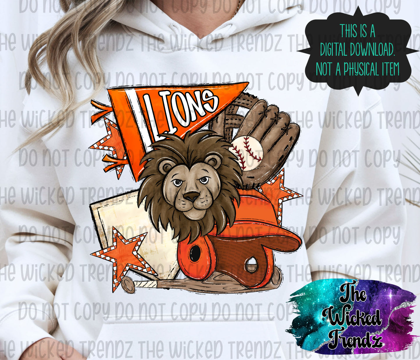 Lions Orange Baseball Team Mascot Digital Design