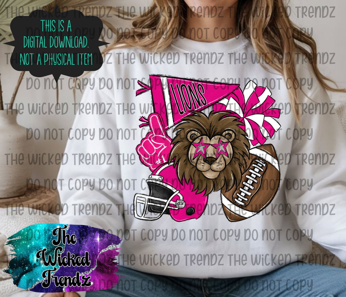 Lions Pink Out Football Cheer Mascot Digital Design October Awareness