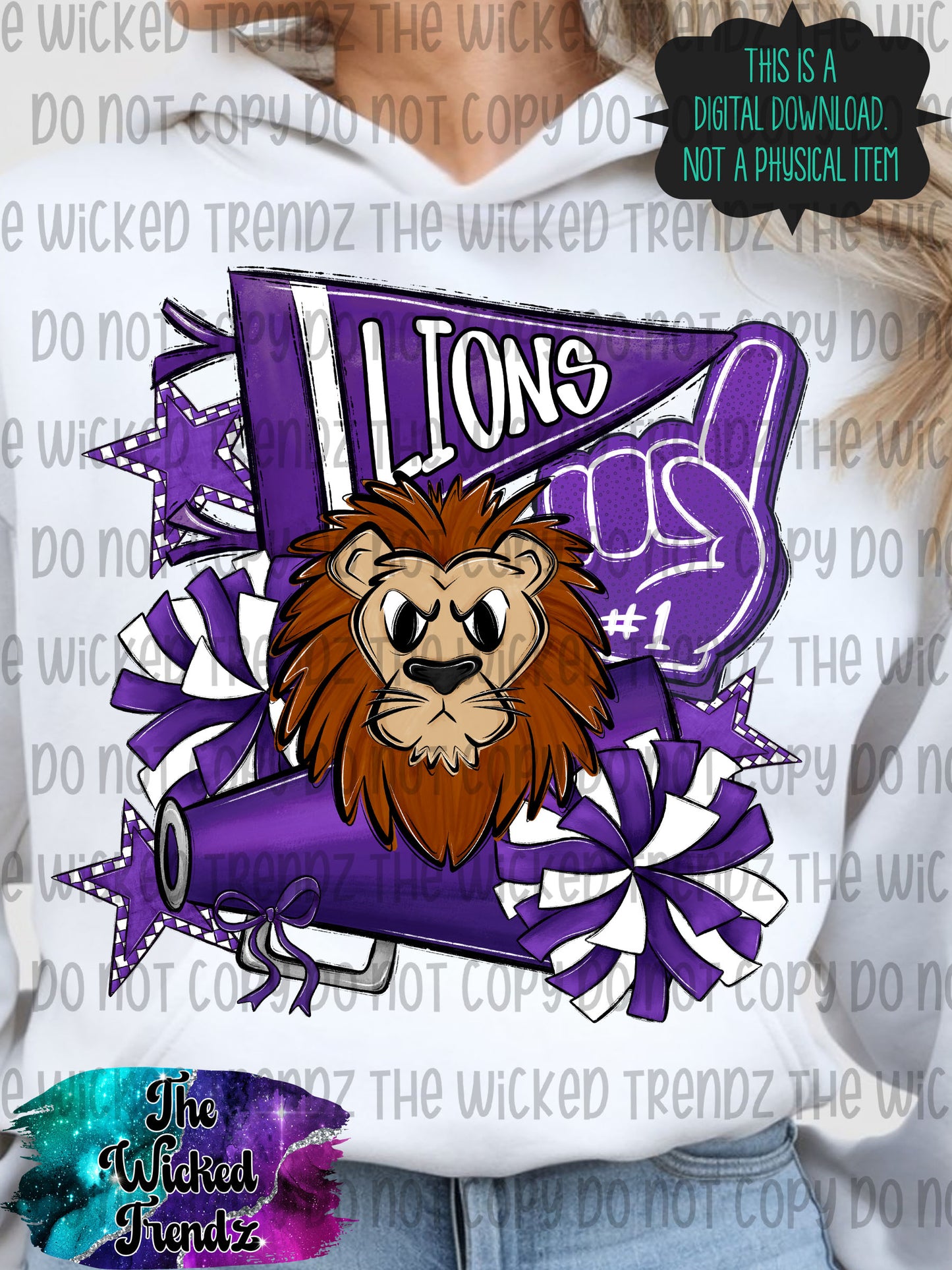 Lions Purple Cheer Cheerleading Cheerleader Mascot Digital Design Spirit Shirt Design