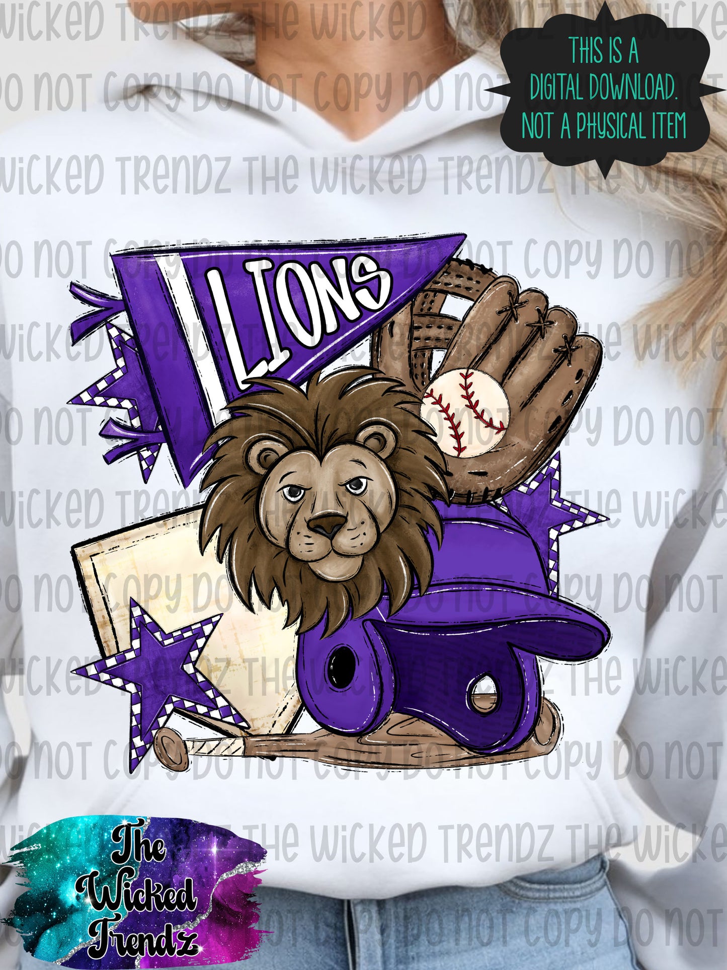 Lions Purple Baseball Team Mascot Digital Design