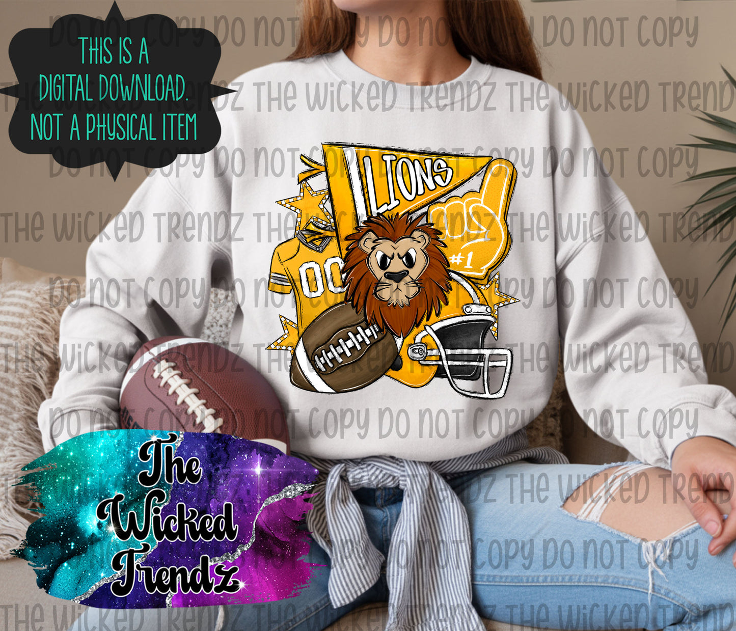 Lions Yellow Football Mascot Digital Design