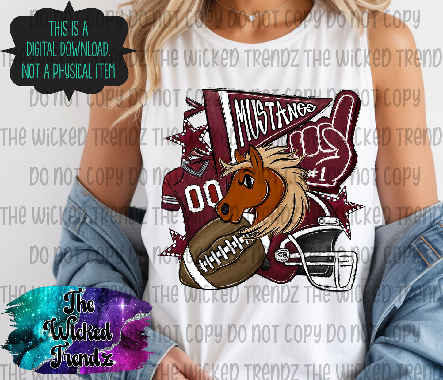 Mustang Maroon Football Mascot Digital Design