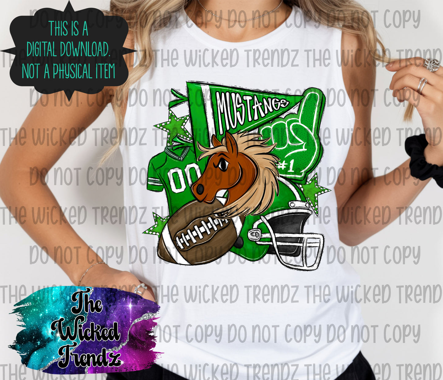 Mustangs Green Football Mascot Digital Design
