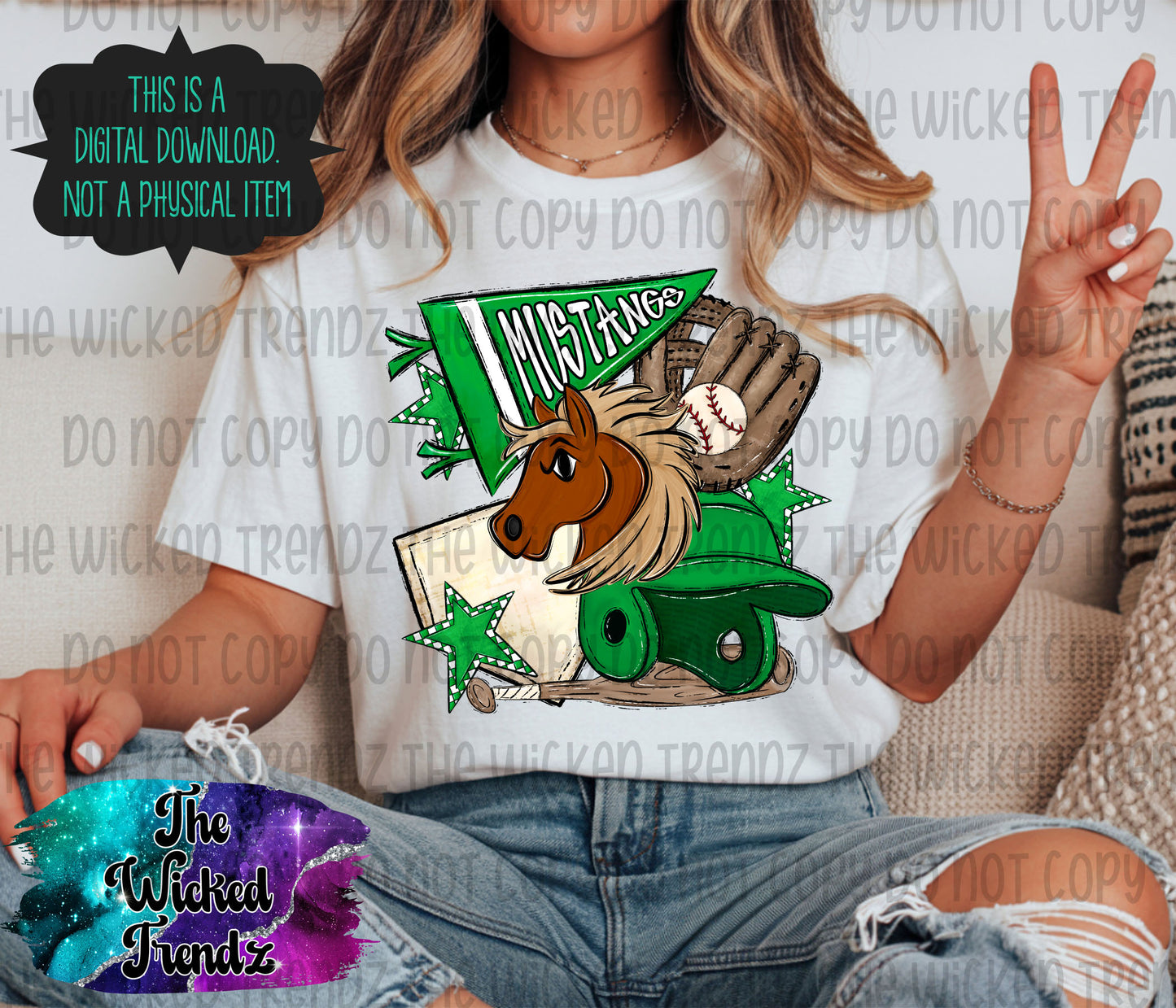Mustangs Green Baseball Team Mascot Digital Design