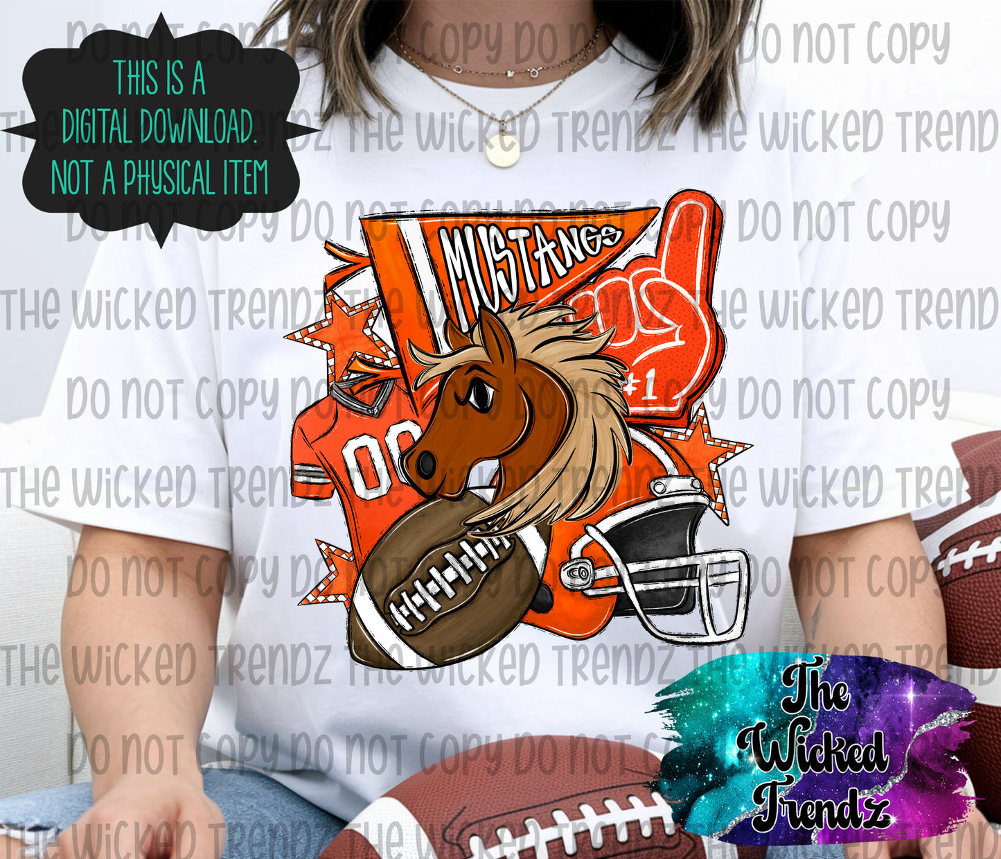 Mustangs Orange Football Mascot Digital Design