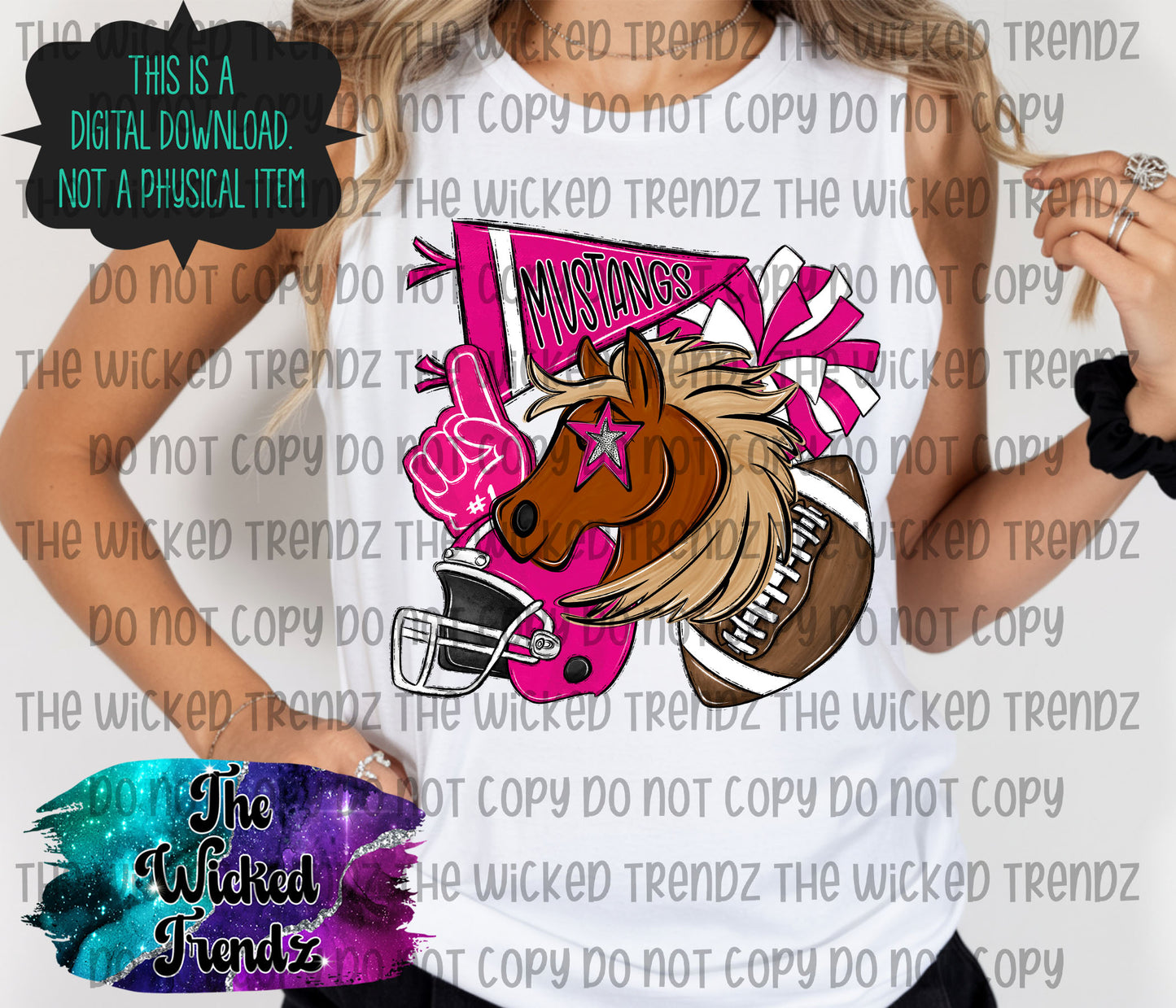 Mustangs Pink Out Football Cheer Mascot Digital Design October Awareness