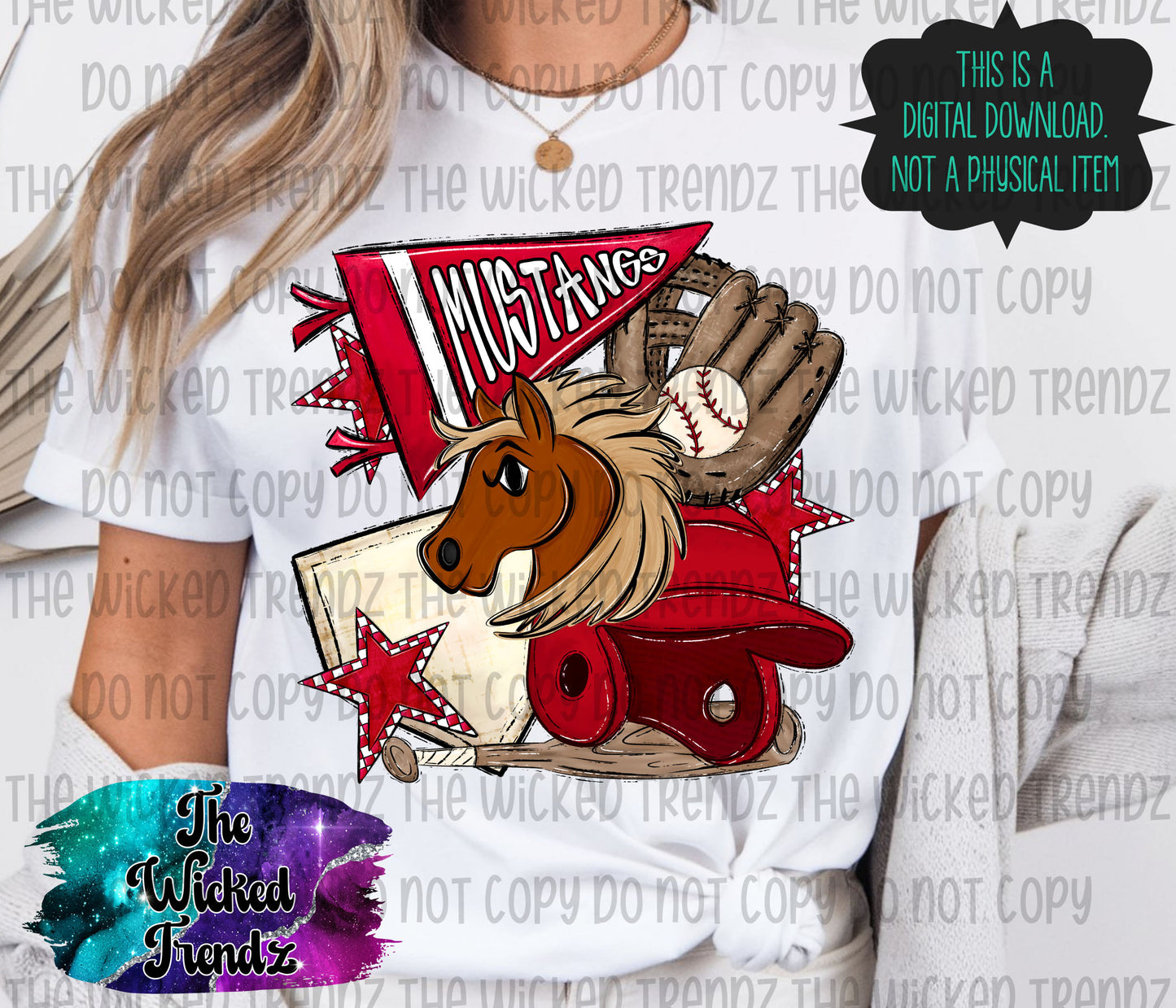 Mustangs Red Baseball Team Mascot Digital Design