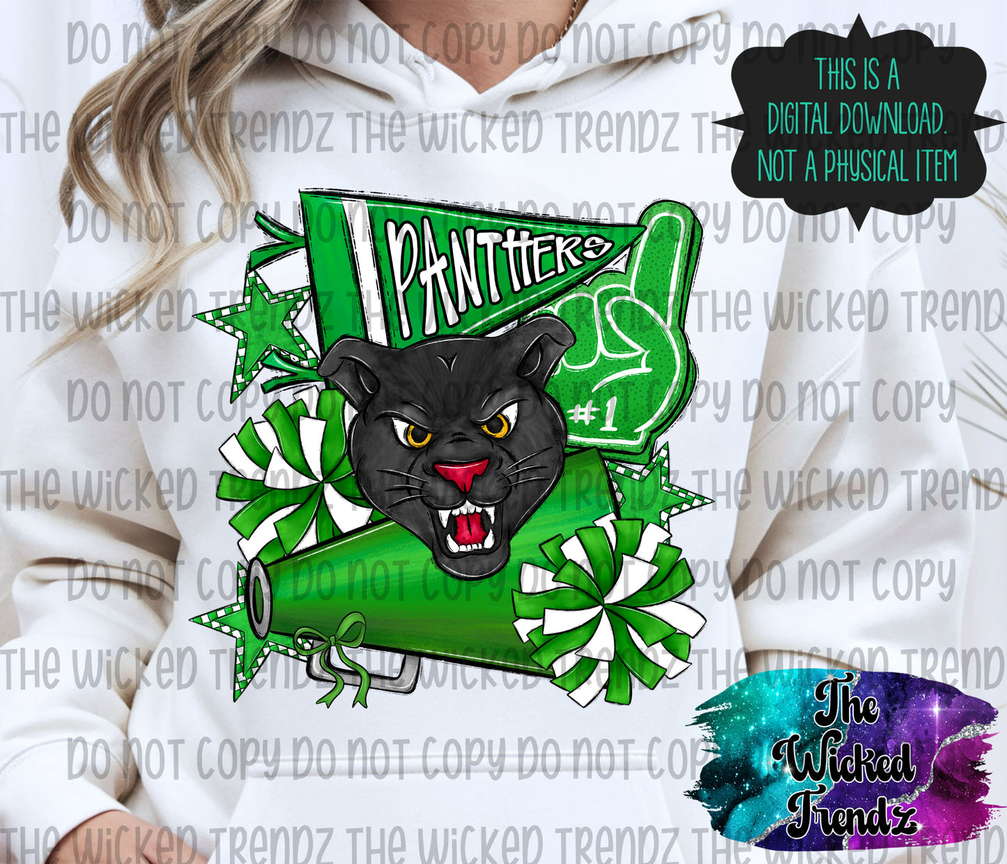 Panthers Green Cheer Cheerleading Cheerleader Mascot Digital Design Spirit Shirt Design