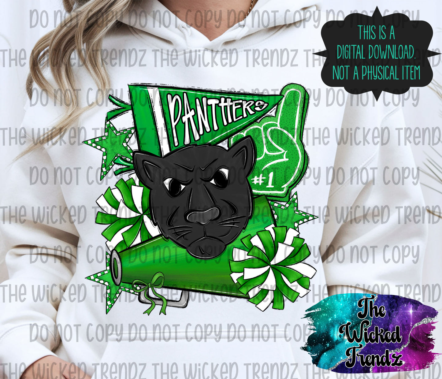 Panthers Green Cheer Cheerleading Cheerleader Mascot Digital Design Spirit Shirt Design