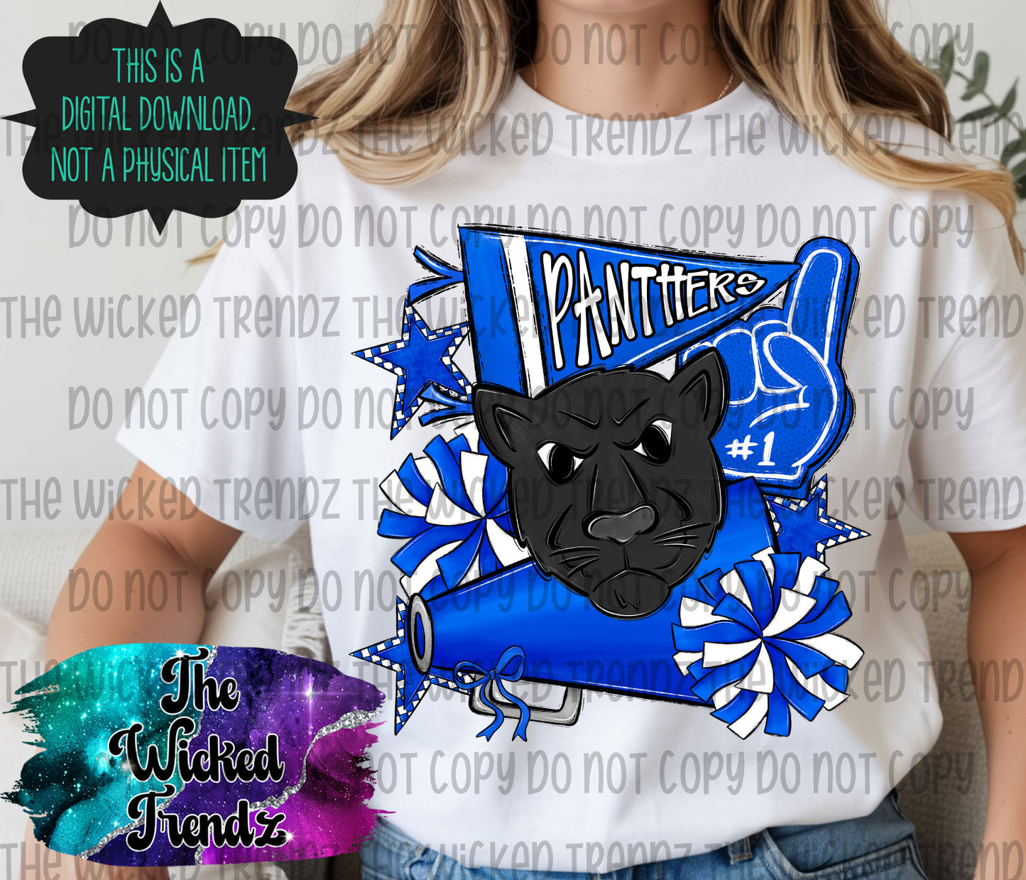 Panthers Blue Cheer Cheerleading Cheerleader Mascot Digital Design Spirit Shirt Design