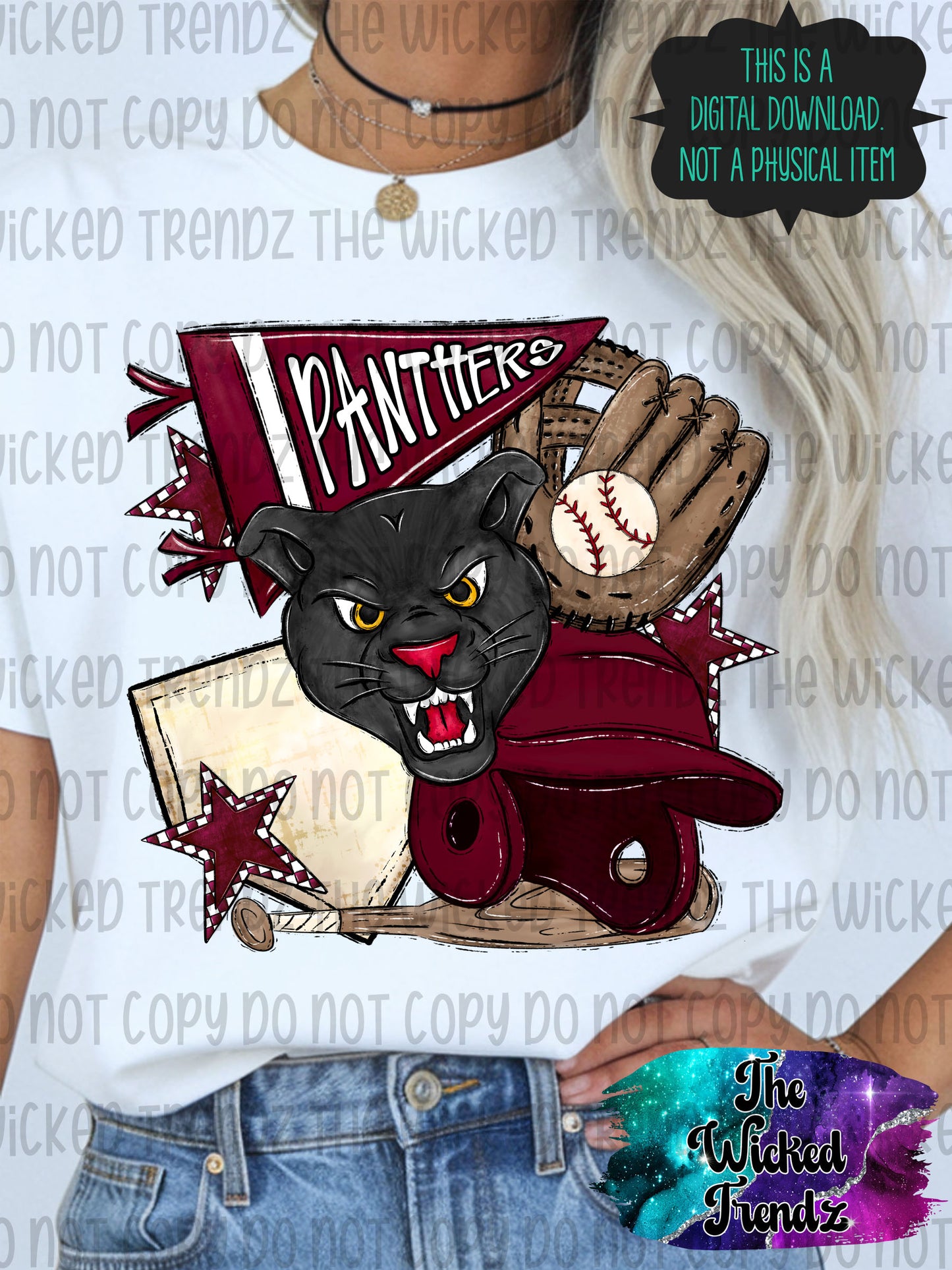 Panthers Maroon Baseball Team Mascot Digital Design