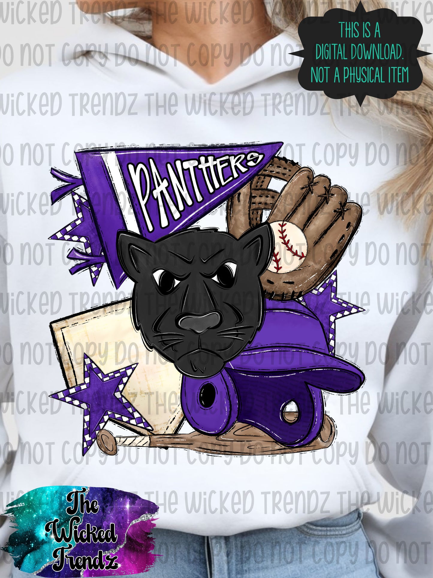 Panthers Purple Baseball Team Mascot Digital Design
