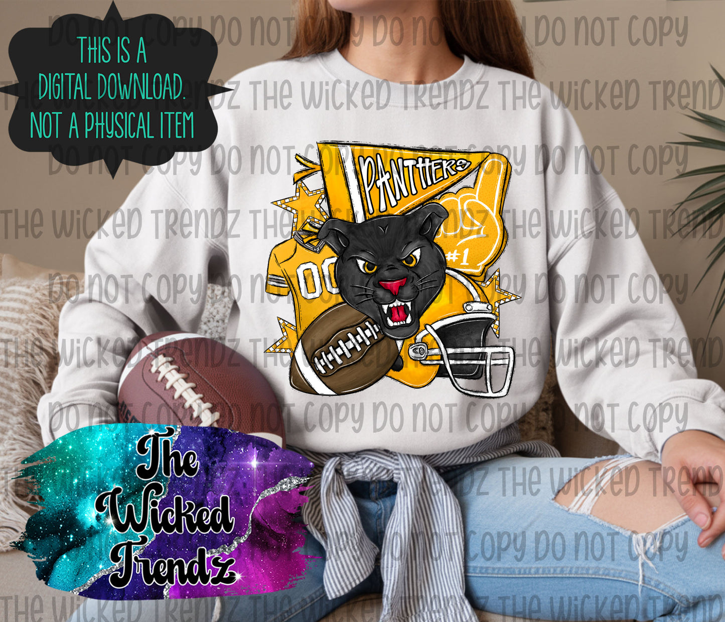 Panthers Yellow Football Mascot Digital Design