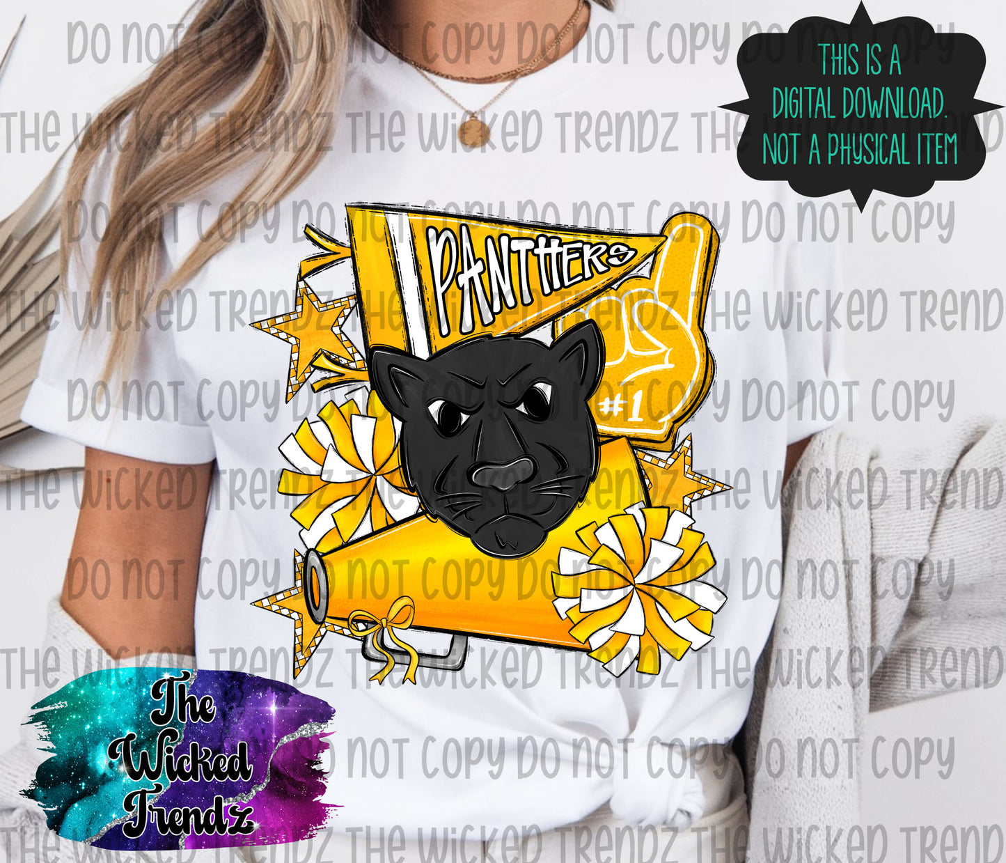 Panthers Yellow Cheer Cheerleading Cheerleader Mascot Digital Design Spirit Shirt Design