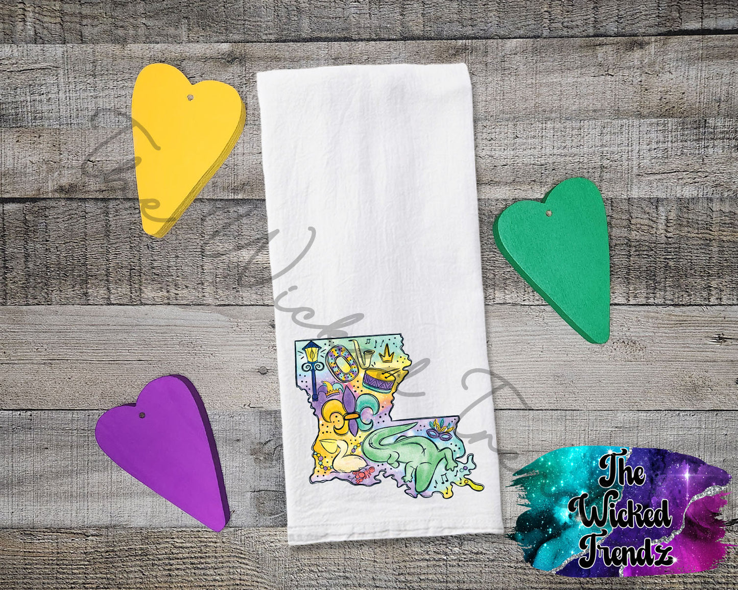 Louisiana Alligator Pelican Crawfish New Orleans Mardi Gras Tea Towel Kitchen Towel Flour Sack Towel