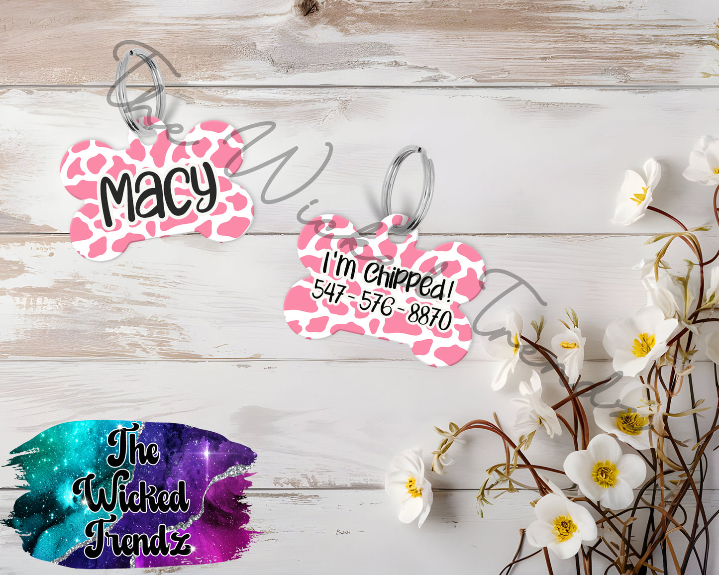 Cow Print Pattern Brown Black Pink Pet ID Dog Tag Personalized Custom Dog Name Phone Number