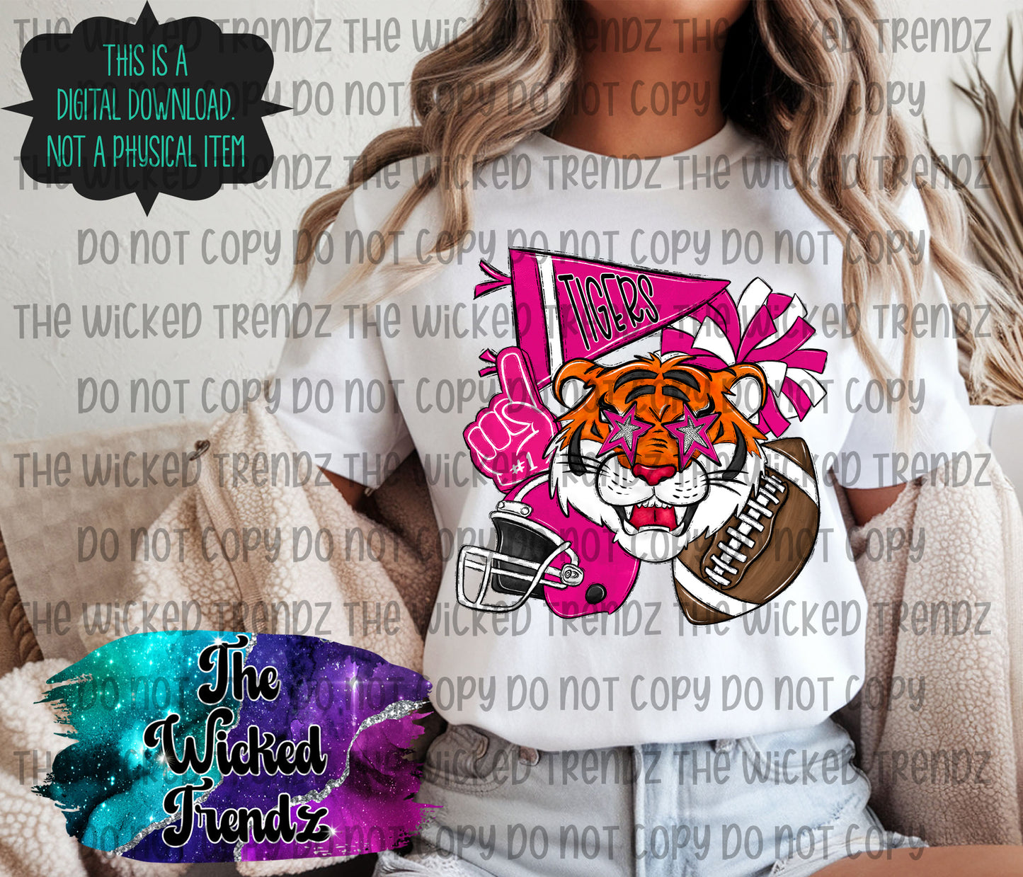 Tigers Pink Out Football Cheer Mascot Digital Design October Awareness
