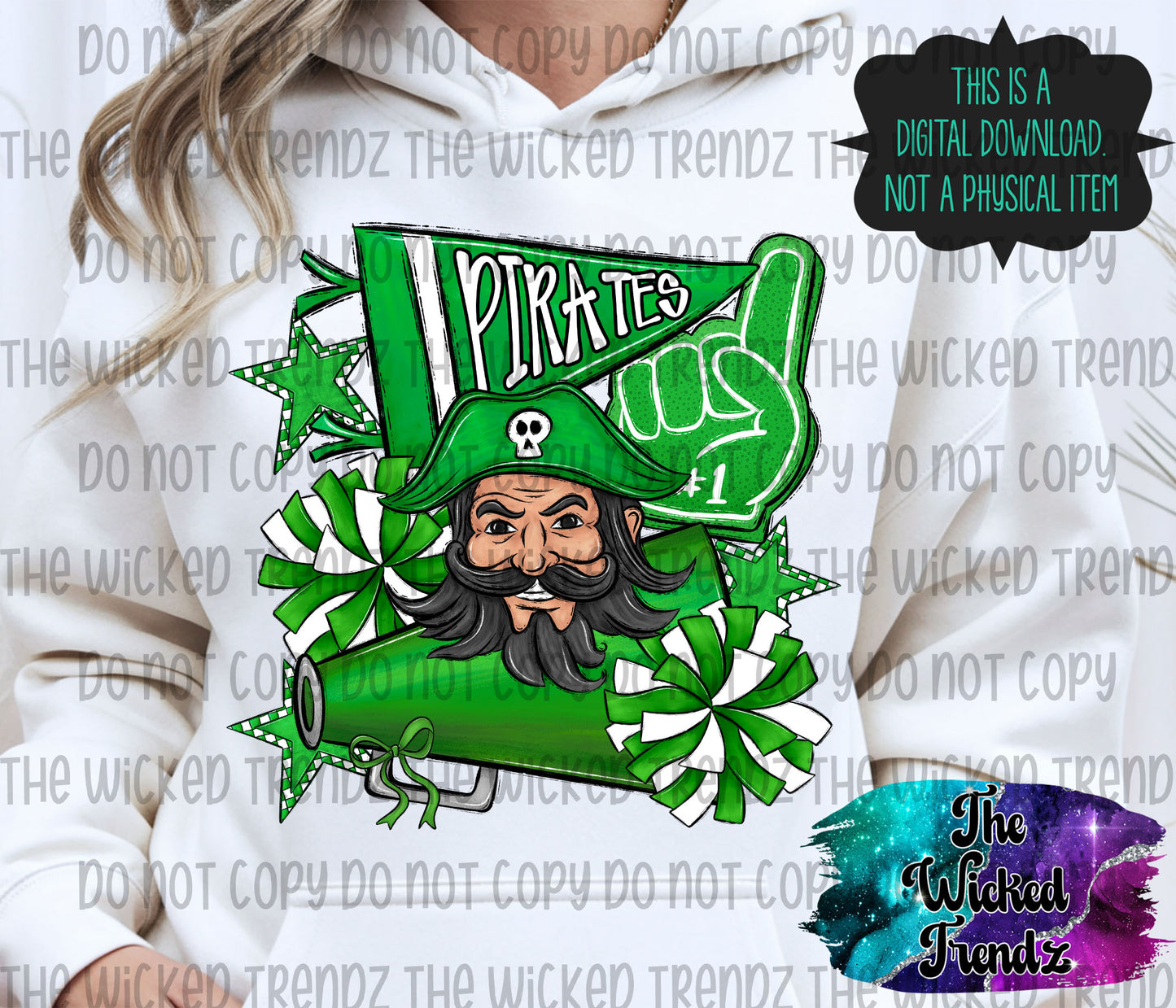 Pirates Green Cheer Cheerleading Cheerleader Mascot Digital Design Spirit Shirt Design