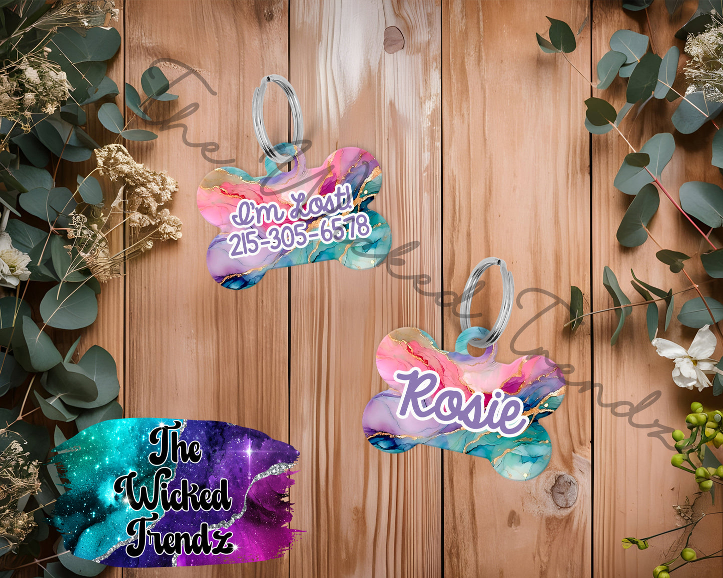 Marble Agate Geode Elegant Girl Dog Pet ID Dog Tag Personalized Custom Dog Name Phone Number