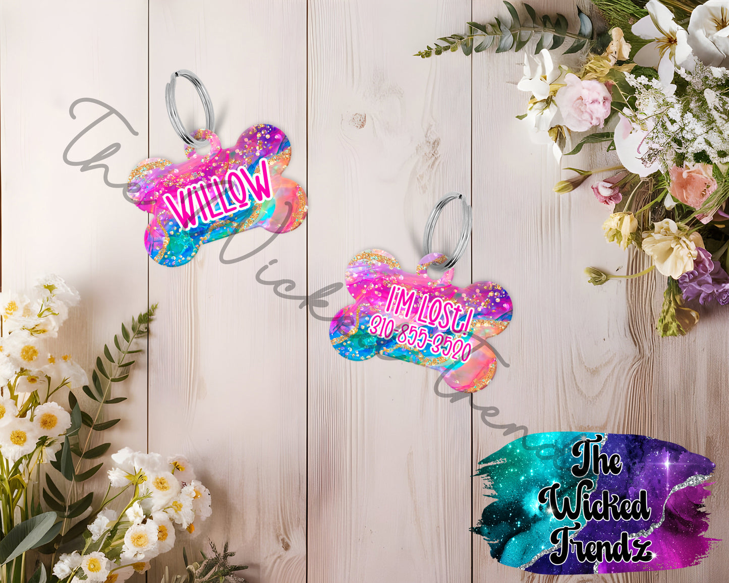 Rainbow Ombre Glitter Cute Puppy Pet ID Dog Tag Personalized Custom Dog Name Phone Number