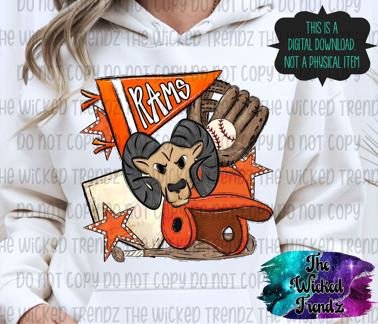 Rams Orange Baseball Team Mascot Digital Design