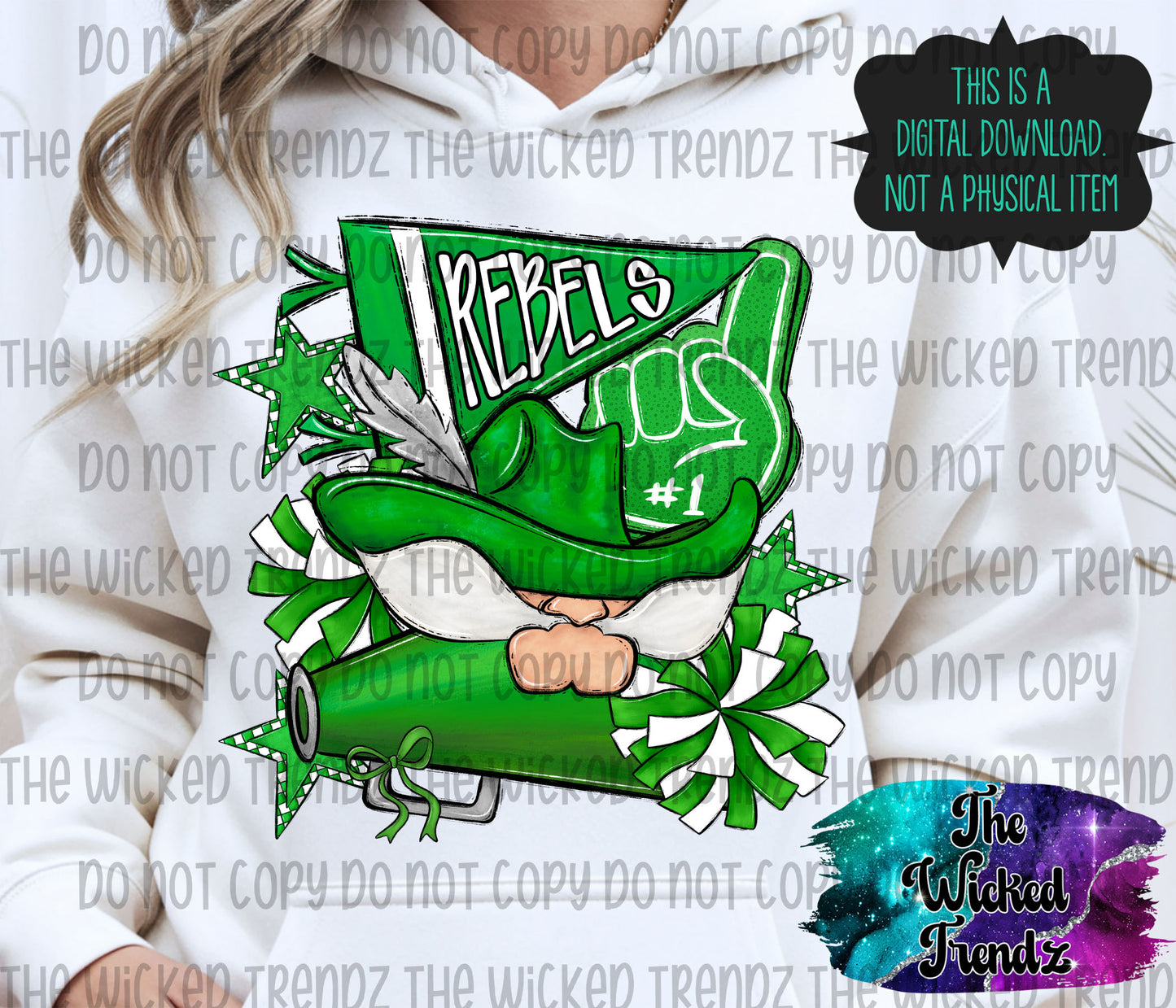 Rebels Green Cheer Cheerleading Cheerleader Mascot Digital Design Spirit Shirt Design