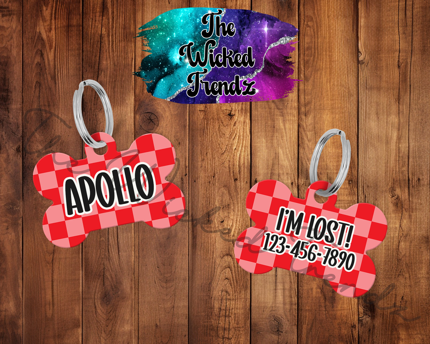 Checkered Print Pattern Retro Pet ID Dog Tag Personalized Custom Dog Name Phone Number