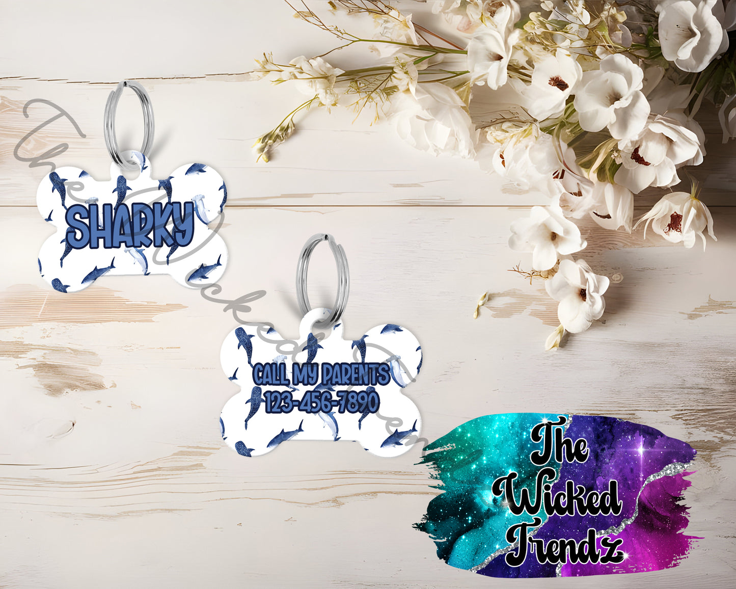 Shark Fin Ocean Beach Cute Puppy Pet ID Dog Tag Personalized Custom Dog Name Phone Number