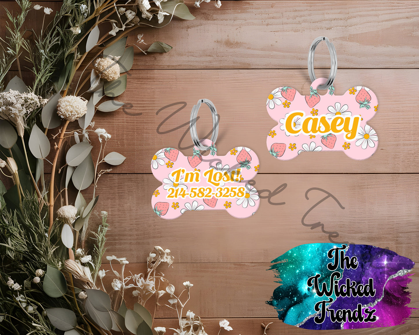 Strawberry Daisy Floral New Puppy Pet ID Dog Tag Personalized Custom Dog Name Phone Number