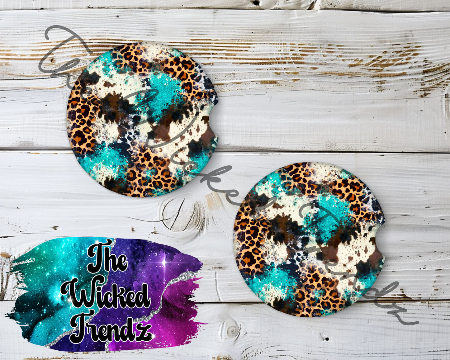 Leopard Print Cow Print Teal Country Western Car Coaster Coasters Cup Holder Car Accessories