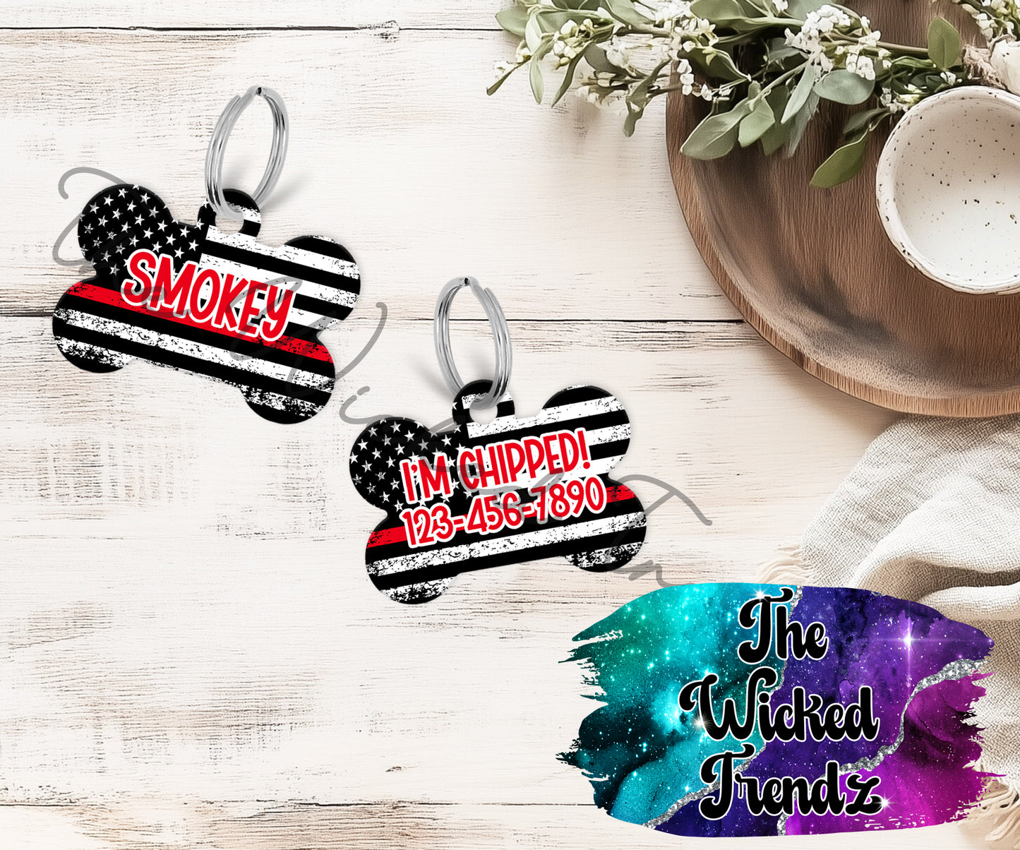 Firefighters Flag Red Line Puppy Pet ID Dog Tag Personalized Custom Dog Name Phone Number