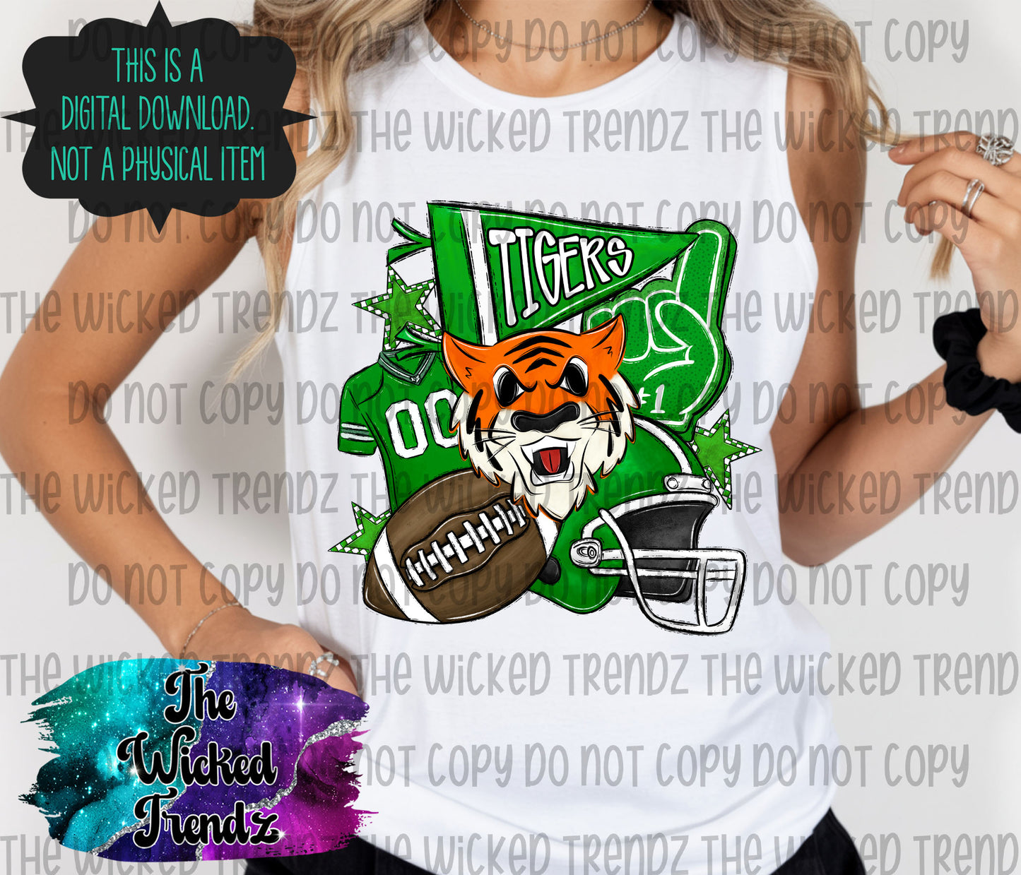 Tigers Green Football Mascot Digital Design