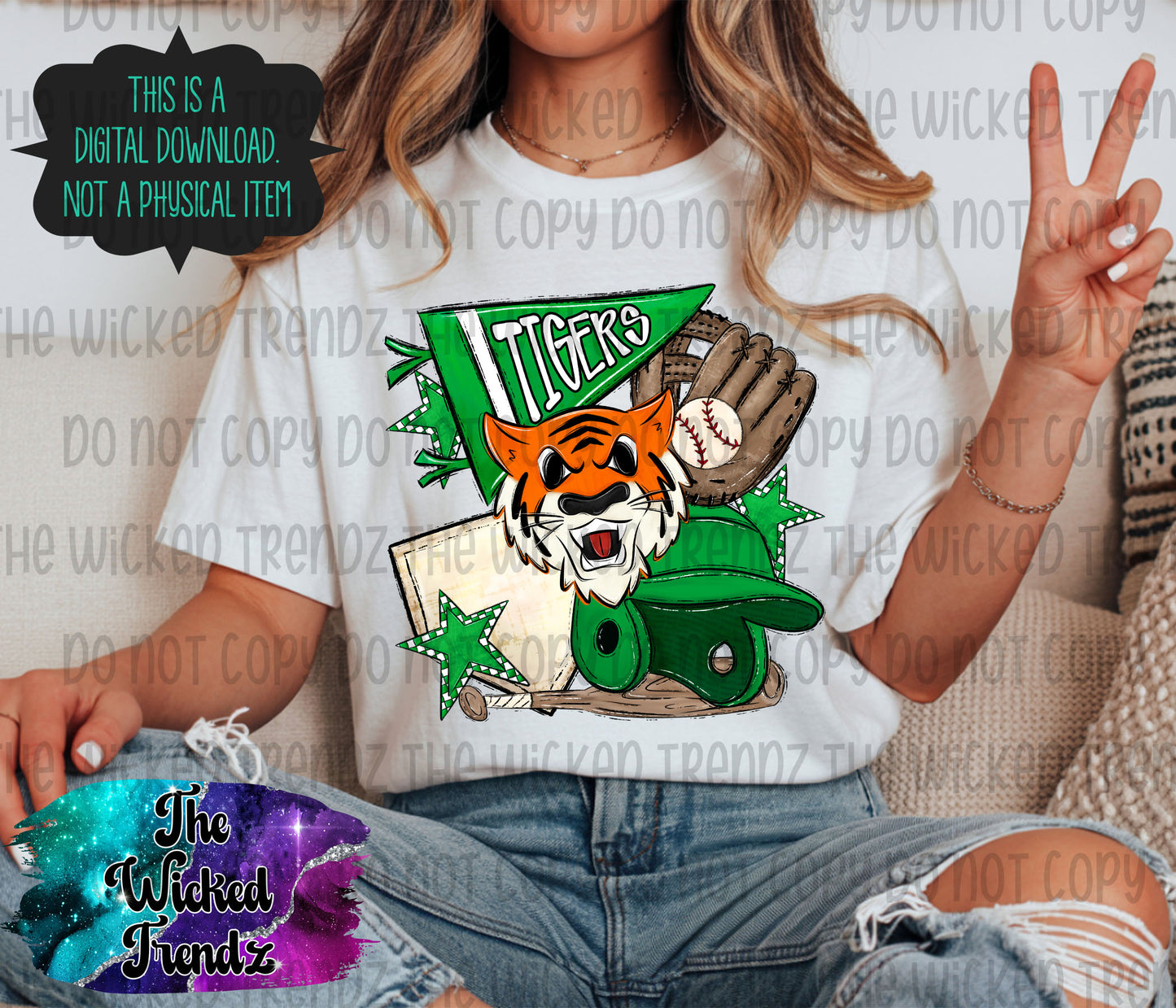 Tigers Green Baseball Team Mascot Digital Design
