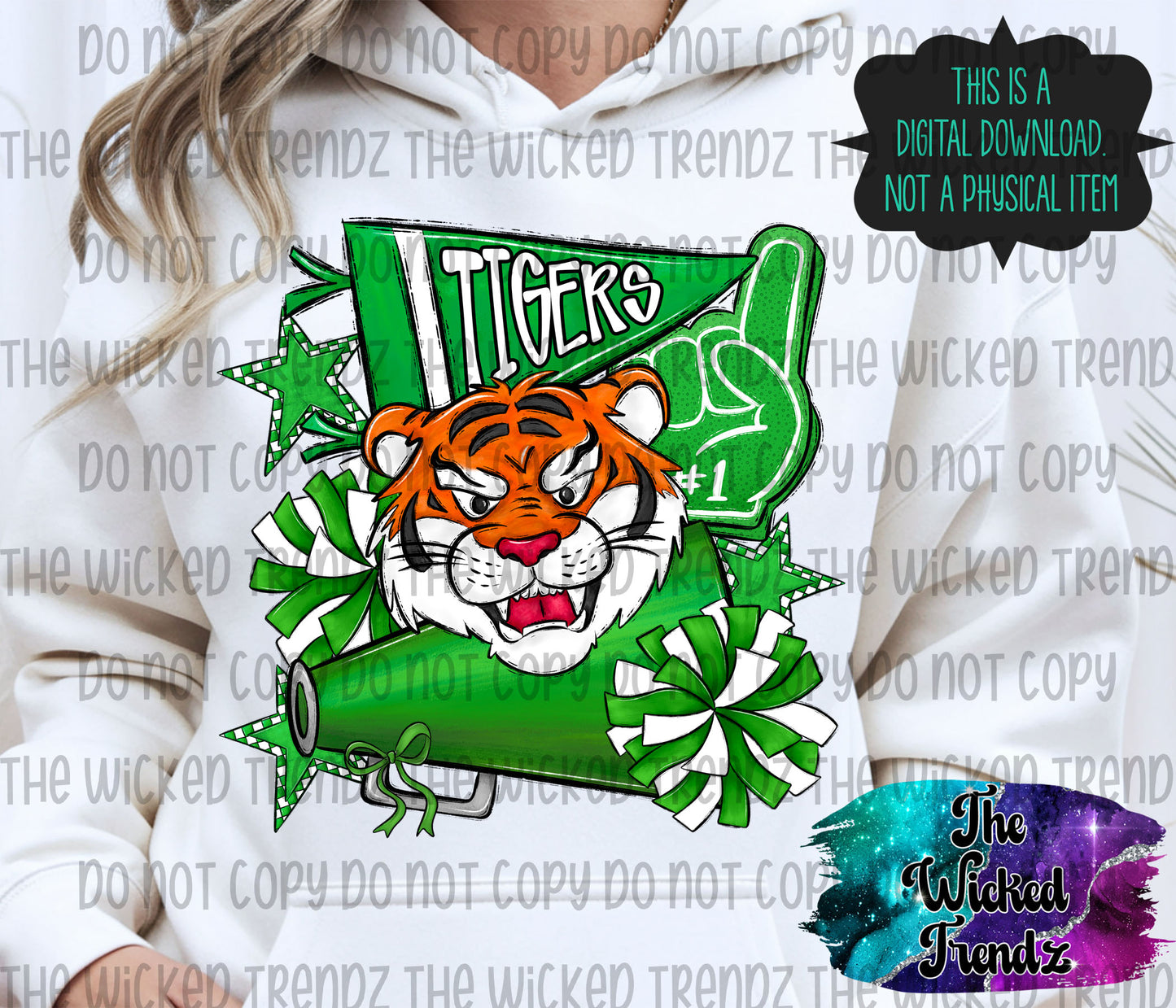 Tigers Green Cheer Cheerleading Cheerleader Mascot Digital Design Spirit Shirt Design