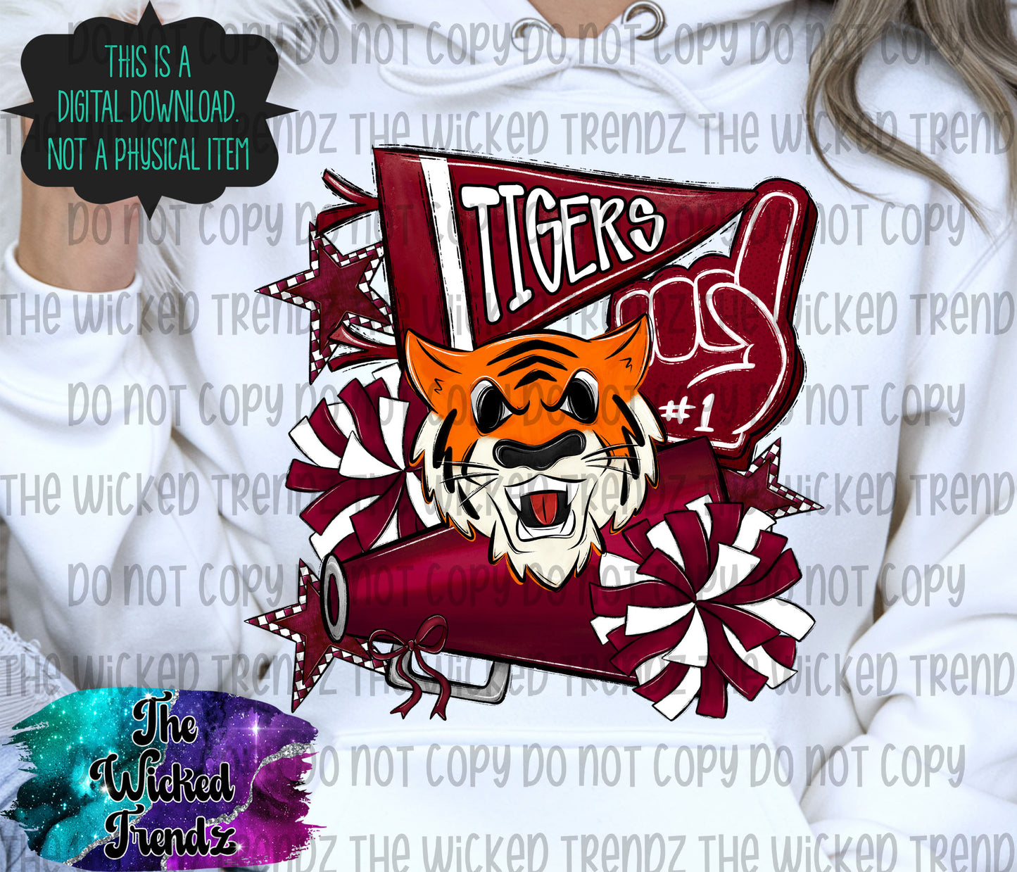 Tigers Maroon Cheer Cheerleading Cheerleader Mascot Digital Design Spirit Shirt Design