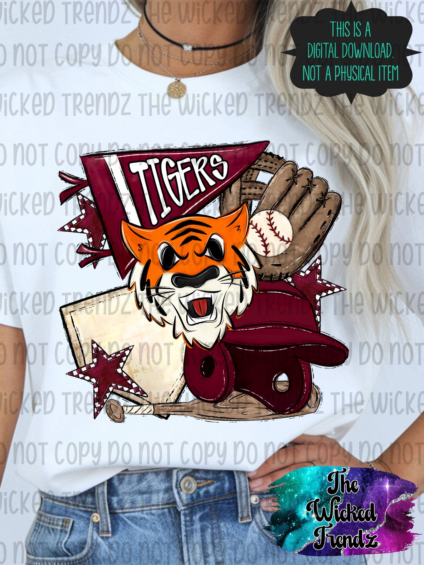 Tigers Maroon Baseball Team Mascot Digital Design