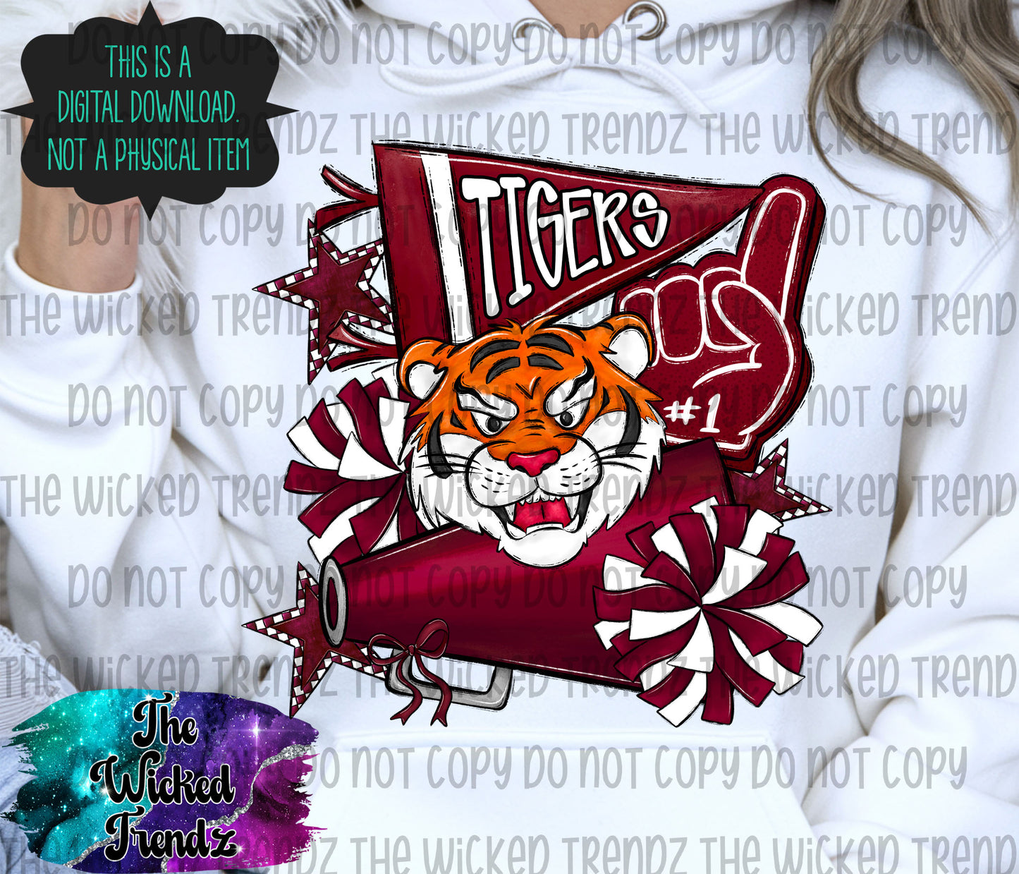 Tigers Maroon Cheer Cheerleading Cheerleader Mascot Digital Design Spirit Shirt Design
