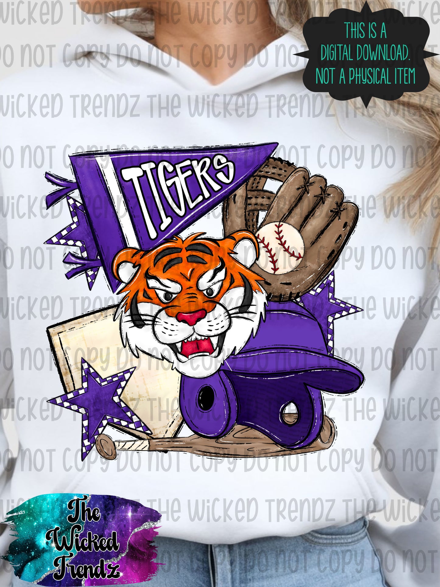 Tigers Purple Baseball Team Mascot Digital Design