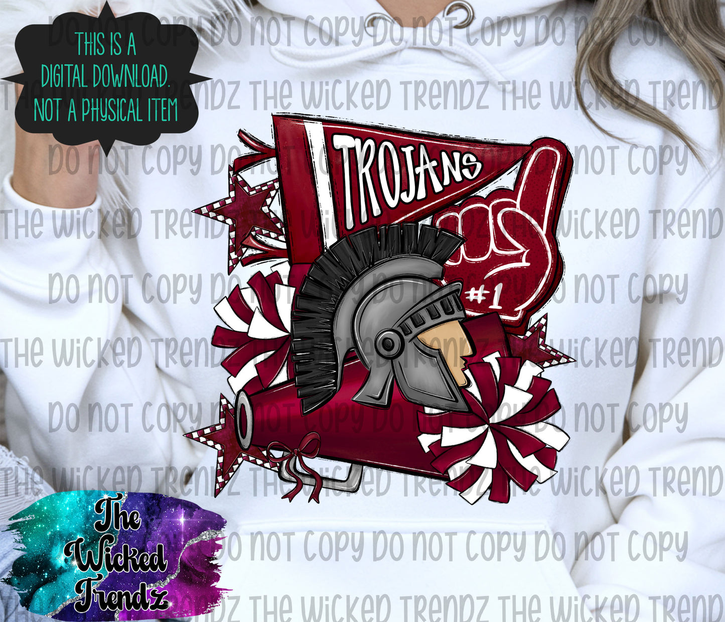 Trojans Maroon Cheer Cheerleading Cheerleader Mascot Digital Design Spirit Shirt Design