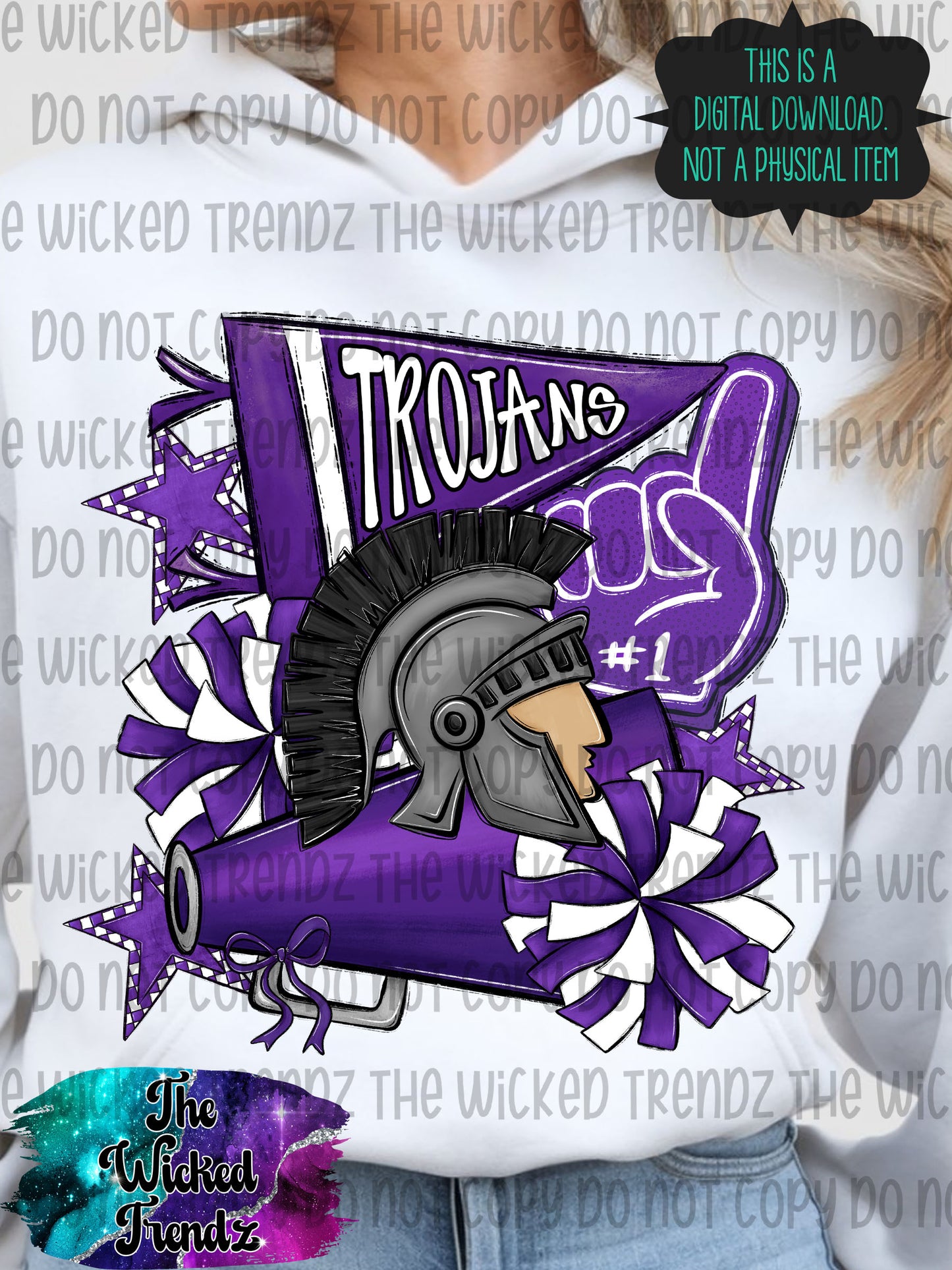 Trojans Purple Cheer Cheerleading Cheerleader Mascot Digital Design Spirit Shirt Design