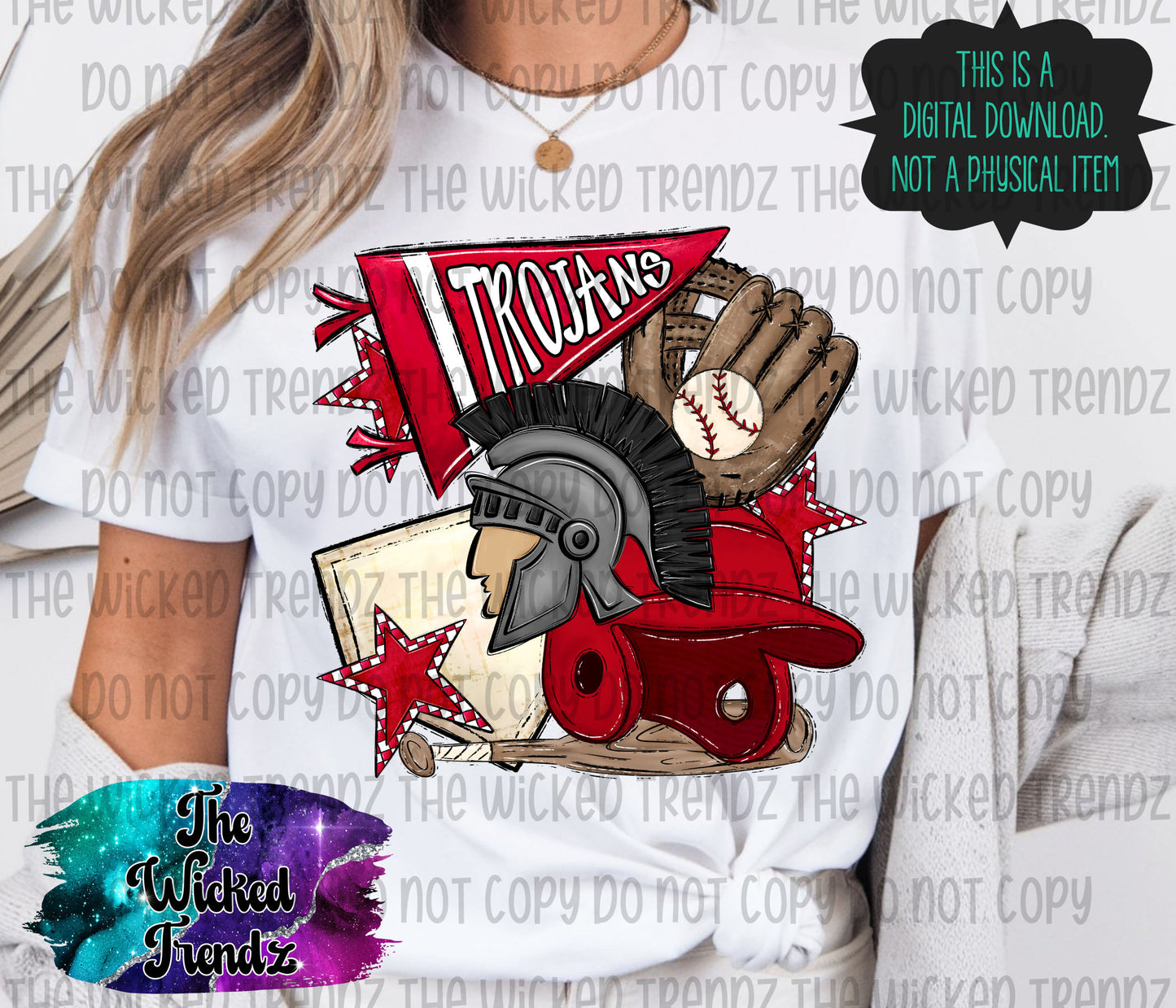 Trojans Red Baseball Team Mascot Digital Design