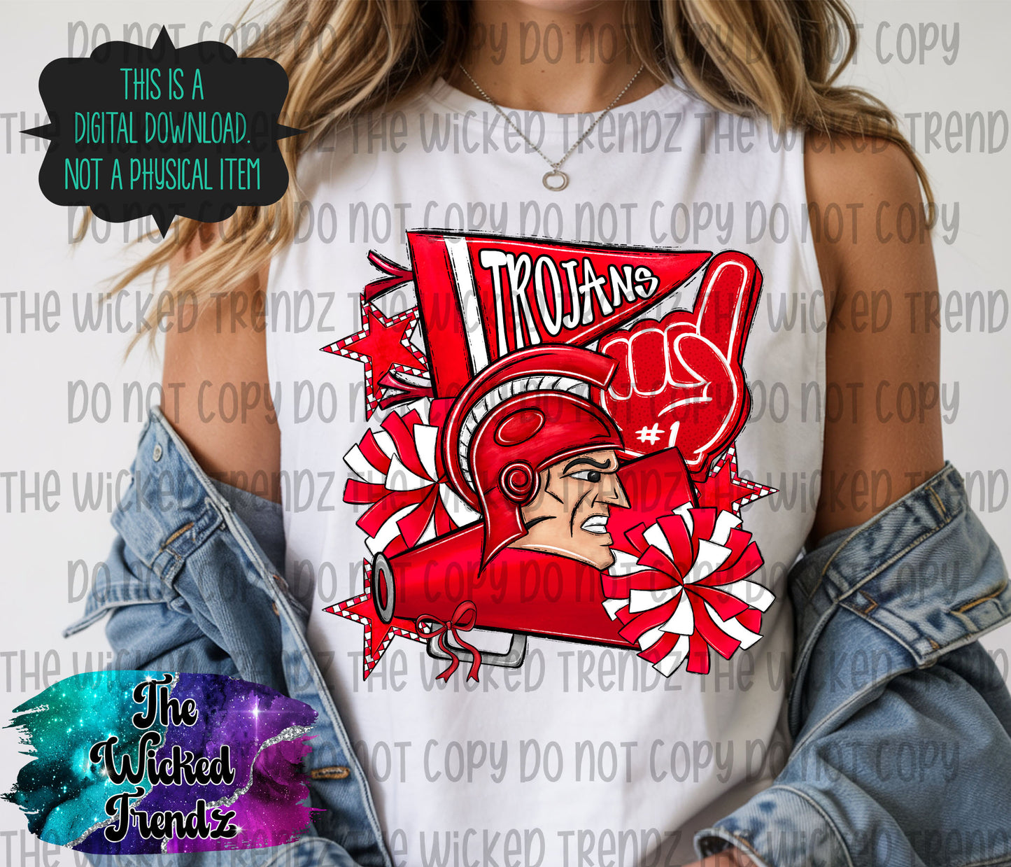 Trojans Red Cheer Cheerleading Cheerleader Mascot Digital Design Spirit Shirt Design
