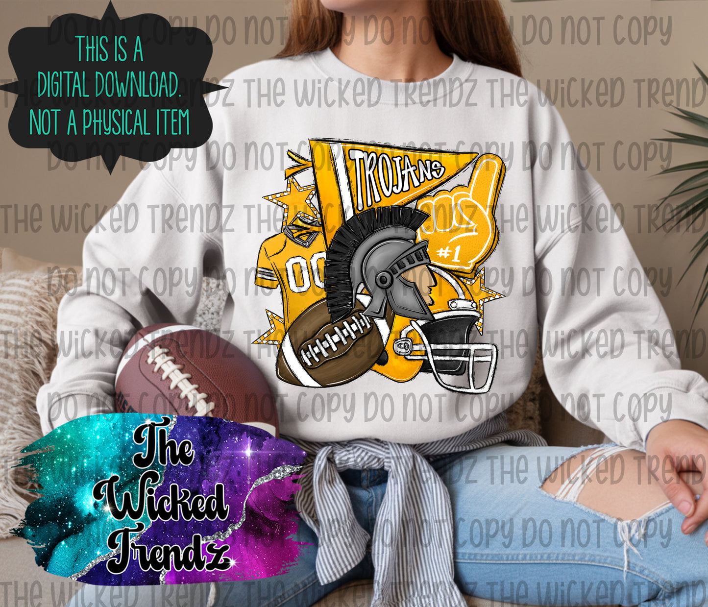 Trojans Yellow Football Mascot Digital Design
