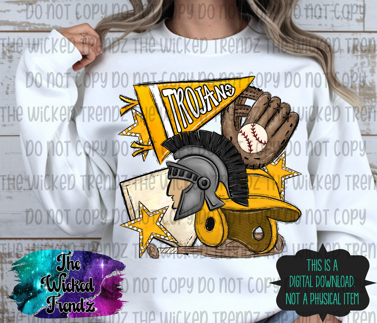 Trojans Yellow Baseball Team Mascot Digital Design