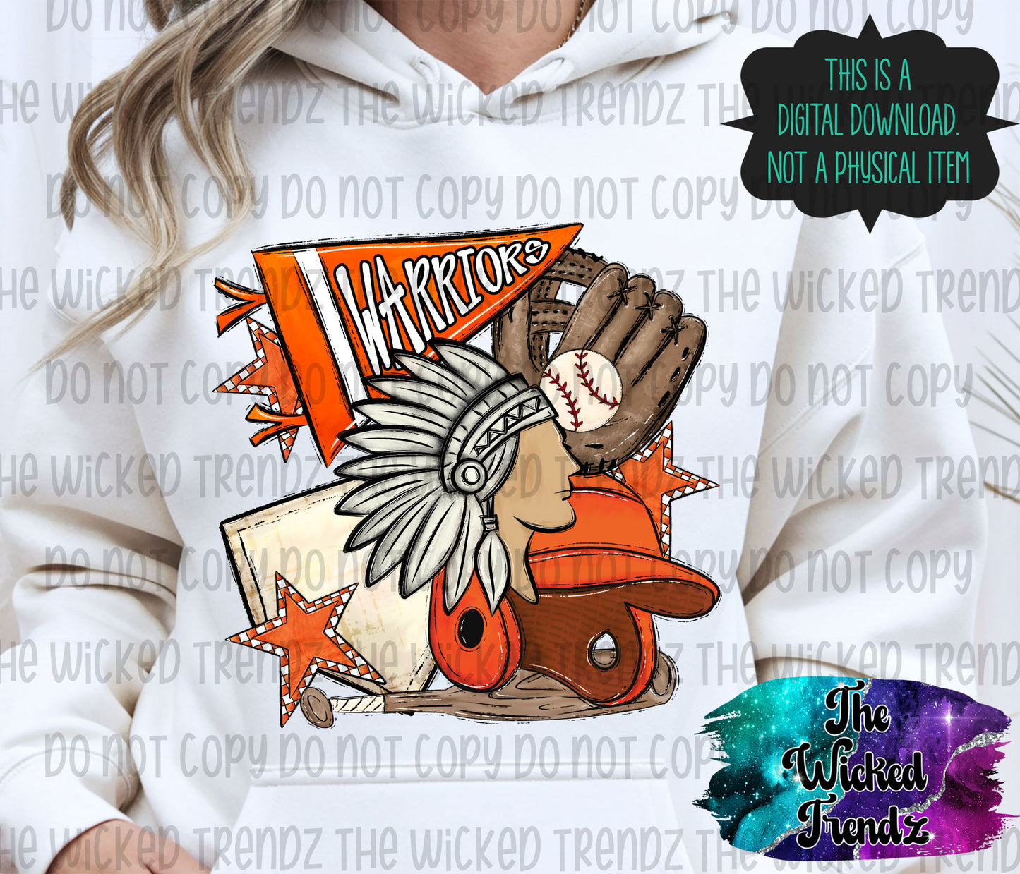 Warriors Orange Baseball Team Mascot Digital Design