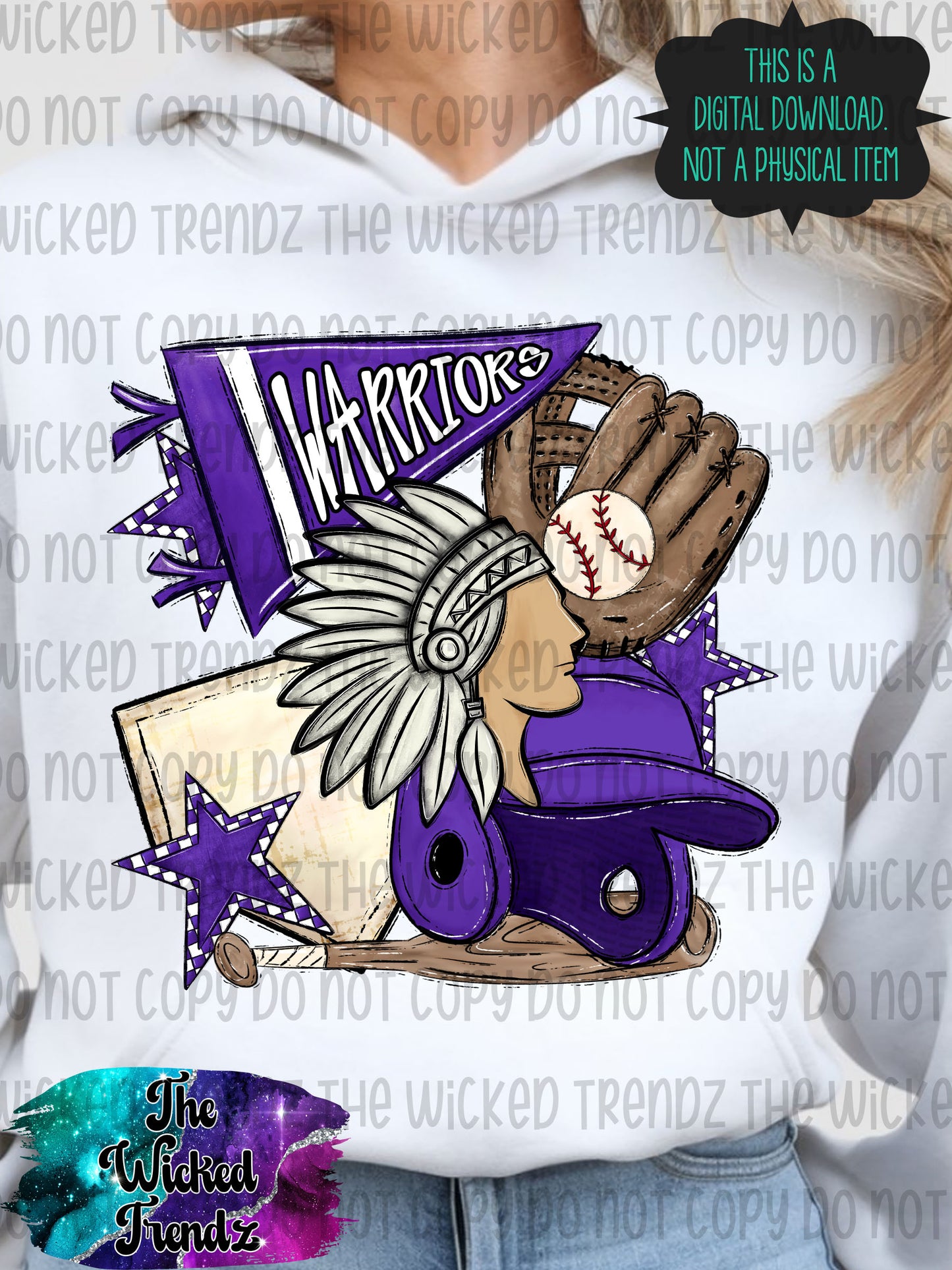Warriors Purple Baseball Team Mascot Digital Design