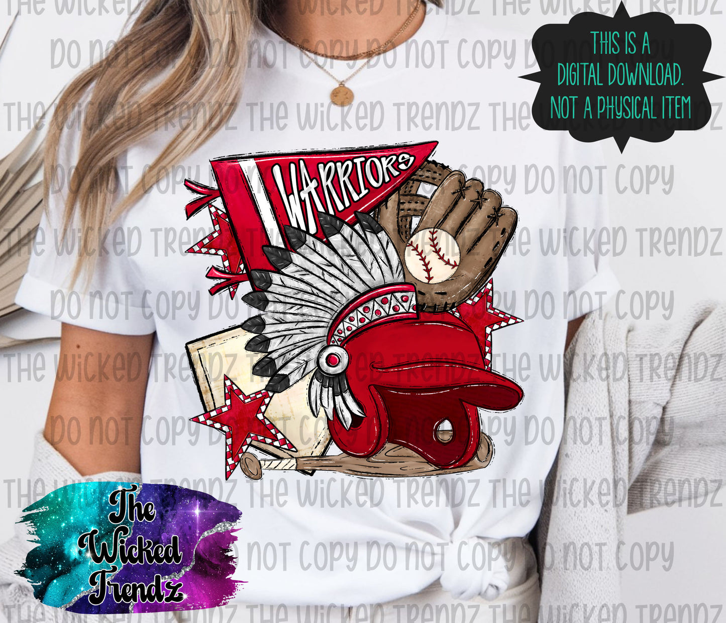 Warriors Red Baseball Team Mascot Digital Design