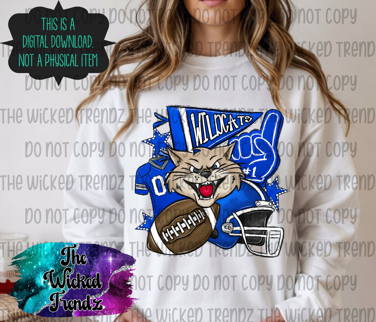 Wildcats Blue Football Mascot Digital Design