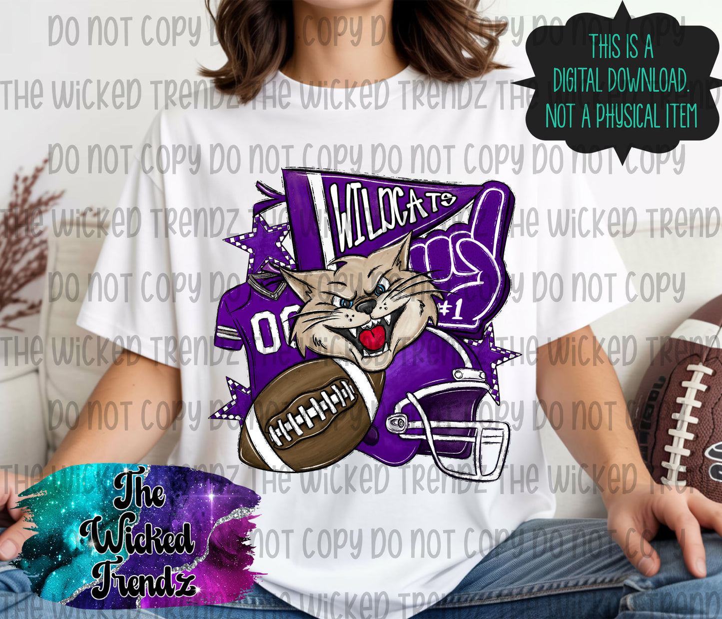Wildcats Purple Football Mascot Digital Design